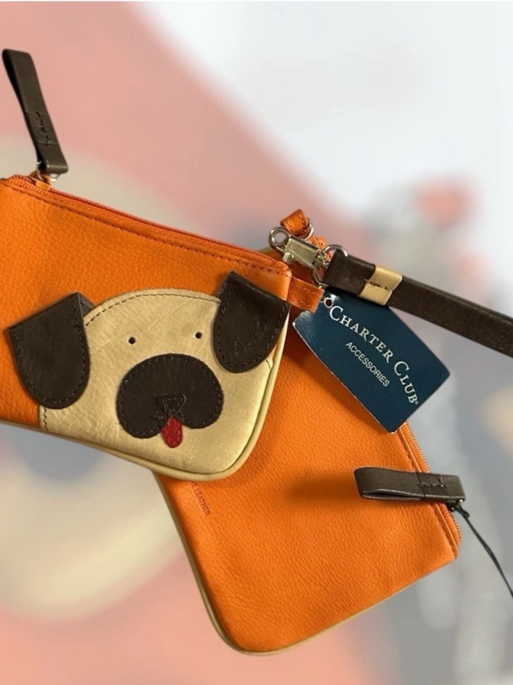 Charter Club Orange Leather Wristlet Set with Pug Appliqué